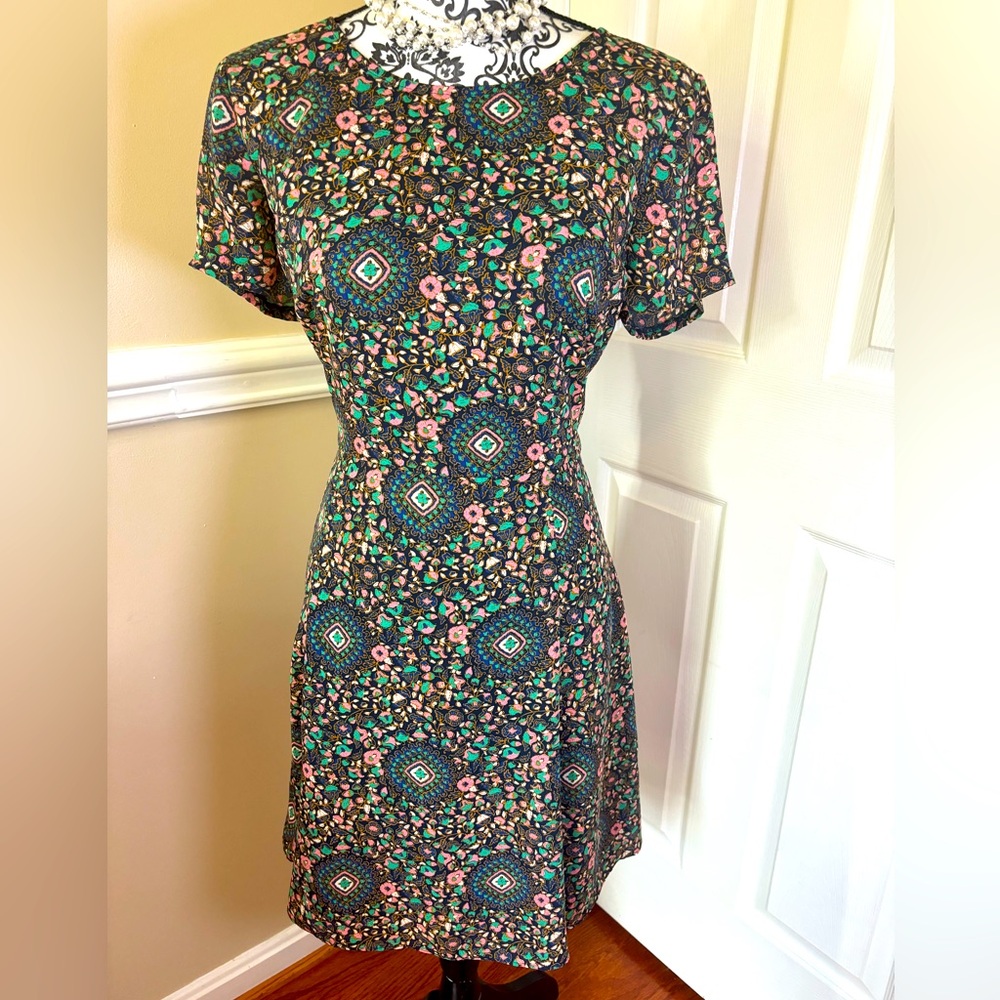 J. Crew, Short Sleeve Flutter Dress Navy Blue Floral Medallion, size 12